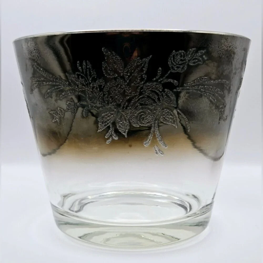 Mid Century Glass Ice Bucket With Silver Rim that Ombre Fades & Silver